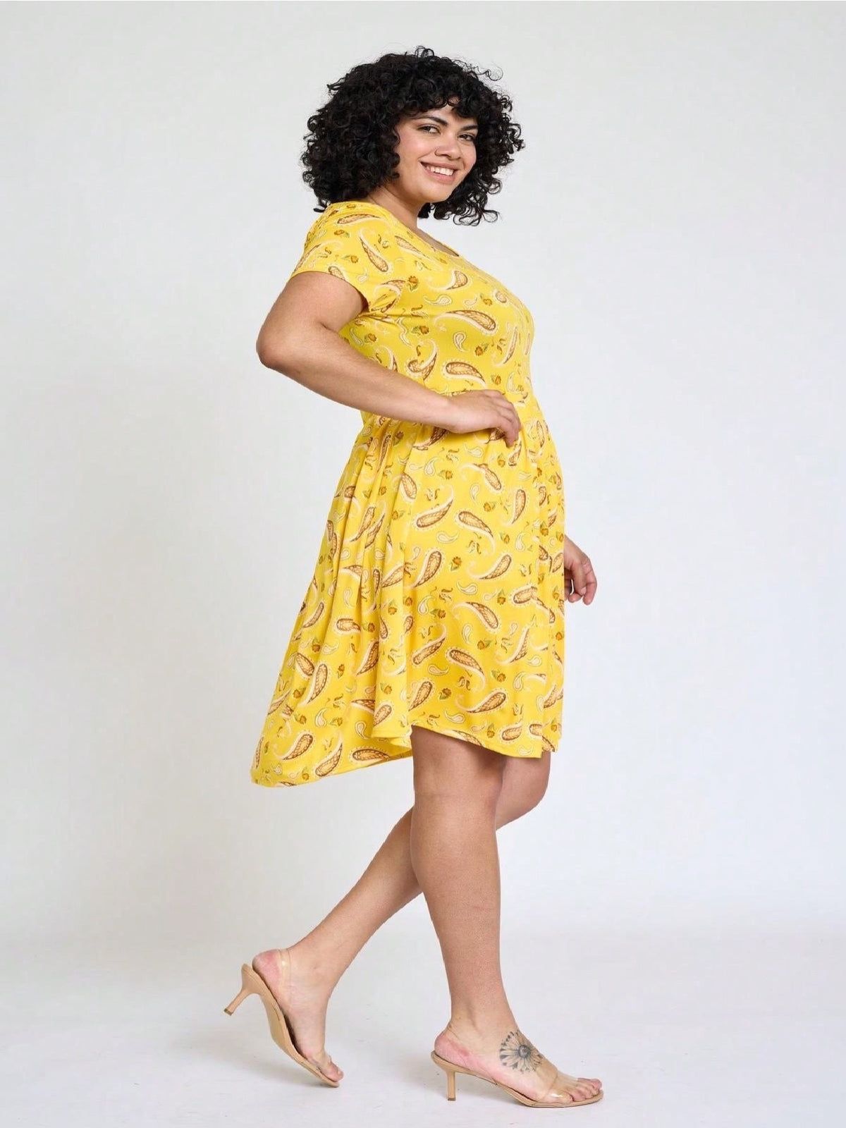 Paisley Floral Swing Dress Women Chevron Stripe Patchwork Pleated Square Neck Elastic Waist Midi Casual Plus Size S-3X
