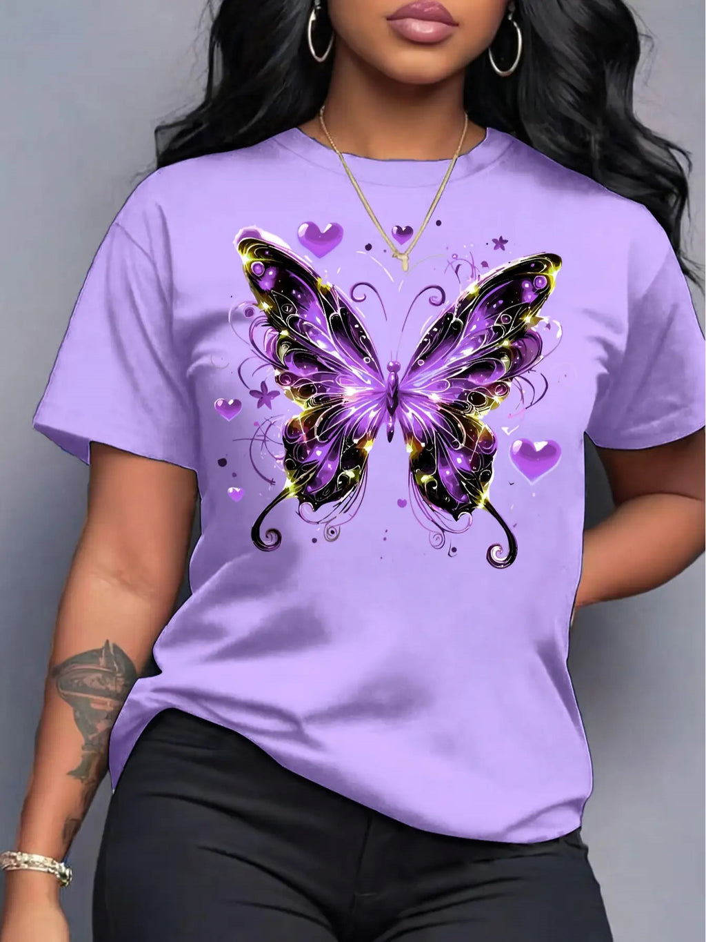 Women's Butterfly Print T-Shirt Round Neck Short Sleeve Bowknot Heart Cutout Casual Top Sky Blue Purple S-XXL