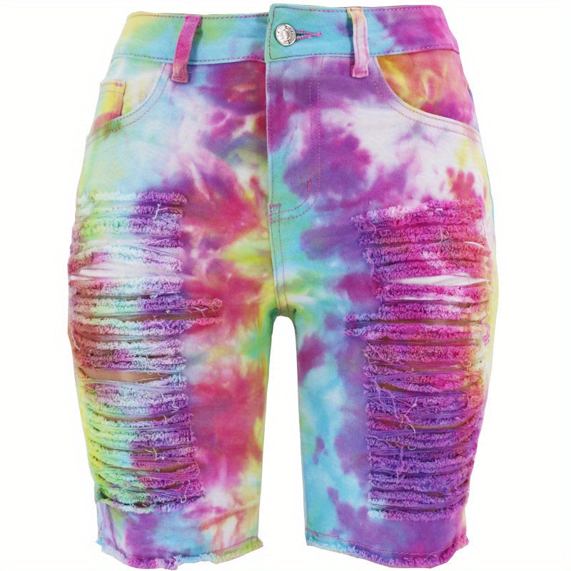 Ripped Denim Shorts Women Tie-Dye Distressed High Waist Mid Length Summer Edgy Trendy Jean Shorts Blue Pink Casual Streetwear Going Out