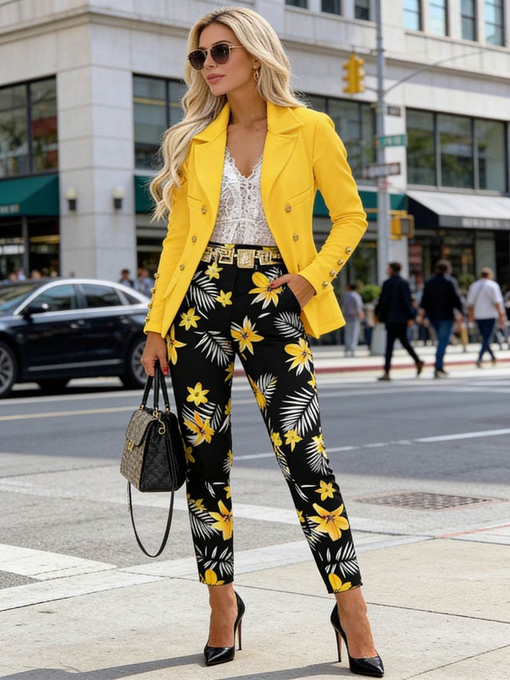 Women's 2pcs Suit Set Bright Yellow Double-Breasted Blazer and Black Floral Print Pants Elegant Office Commuter Outfit Spring Summer