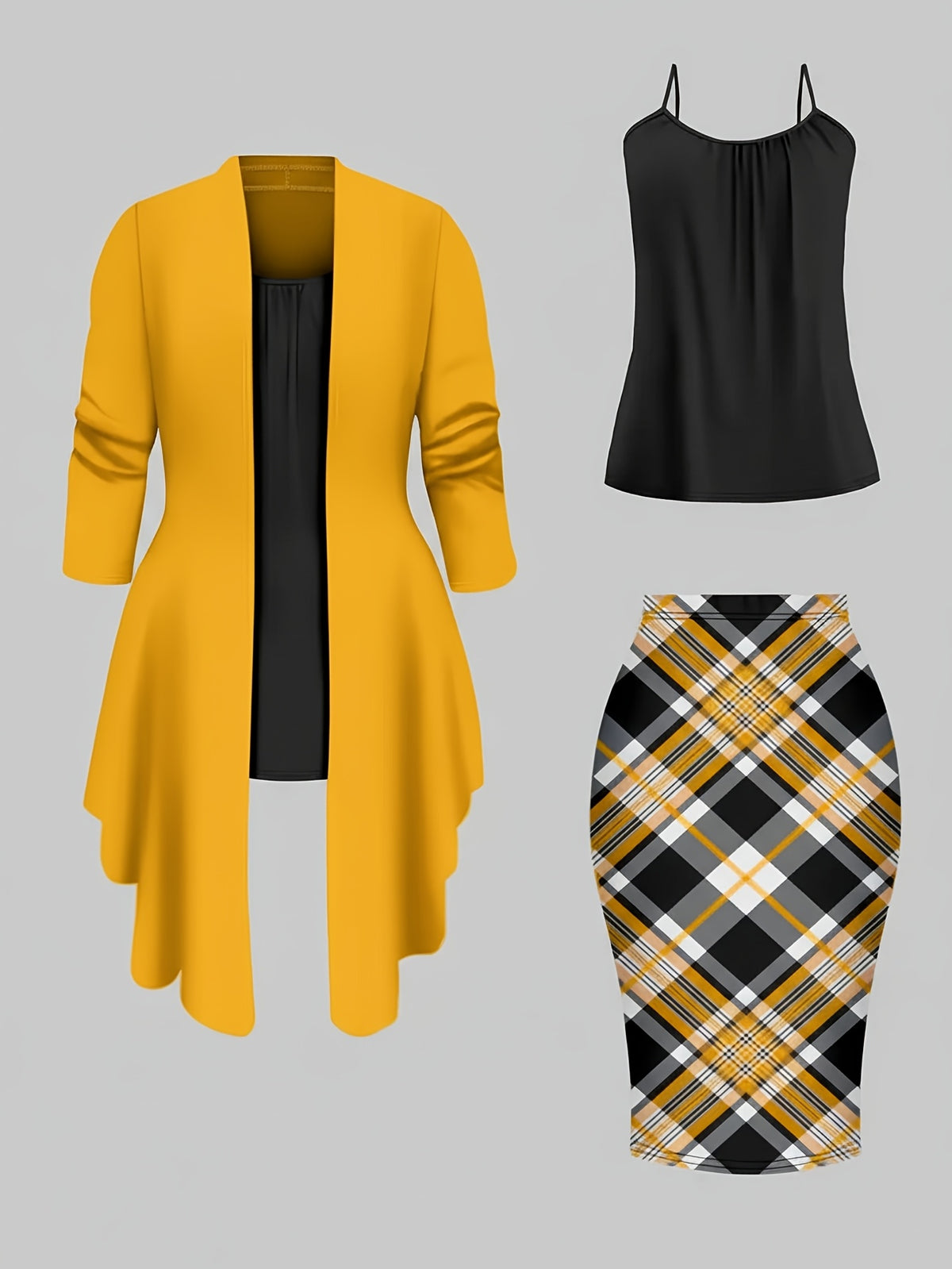 Retro Plaid 3-Piece Set for Women – Asymmetrical Hem Blazer, Black Camisole & Hip-Hugging Skirt, Wine Red Office Outfit for Autumn Winter