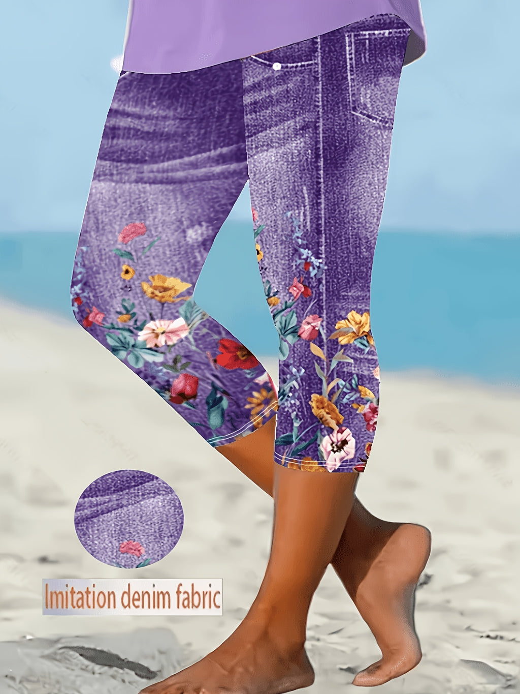 Faux Denim Print Capri Leggings for Women – Imitation Denim Floral Pattern 3/4 Length, Mid-Stretch Knit, Elegant Party Vacation Commute, 5 Colors S-XXL