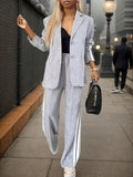 Women's Flannel Side Stripe Blazer and Pants 2-Piece Set Lapel Collar Long Sleeve Single-Breasted Solid Color Casual Spring Fall Suit