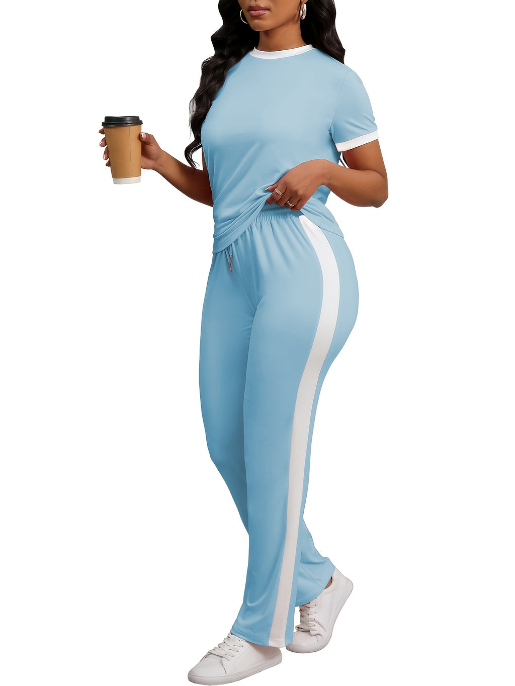 Women Colorblock 2 Piece Tracksuit Set Short Sleeve Crew Neck Top Striped Sweatpants Casual Lounge Jogger Matching Outfit for Workout Everyday Wear