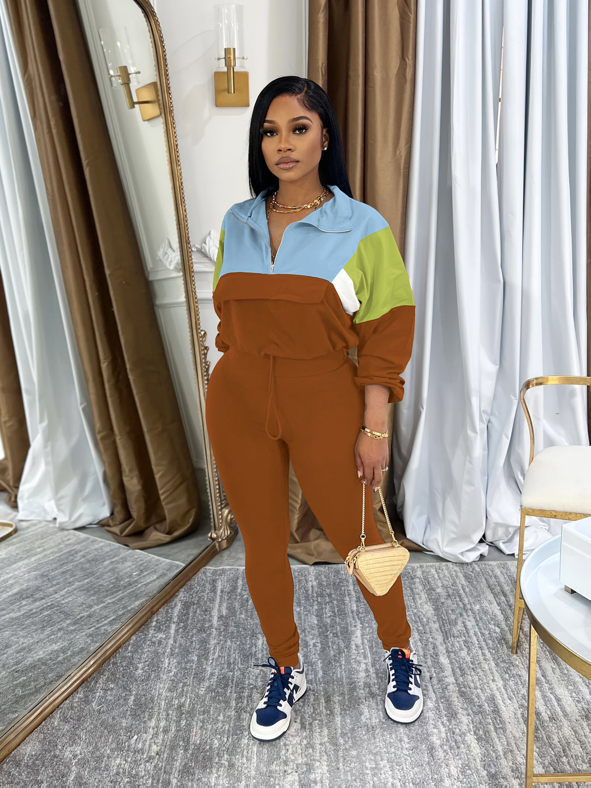 Lapel Crew Neck Sweatsuit Set for Women – Half-Zip Long Sleeve Sweatshirt & Sweatpants 2-Piece Casual Outfit, Solid Color Fall Winter Loungewear