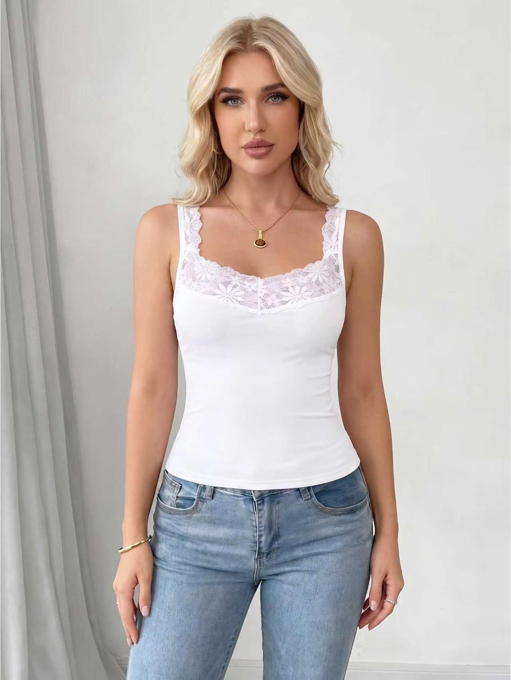 Lace V-Neck Tank Top 3-Pack Women Wide Shoulder Strap Sleeveless Vest Casual Summer Top Black White Gray S-XXL