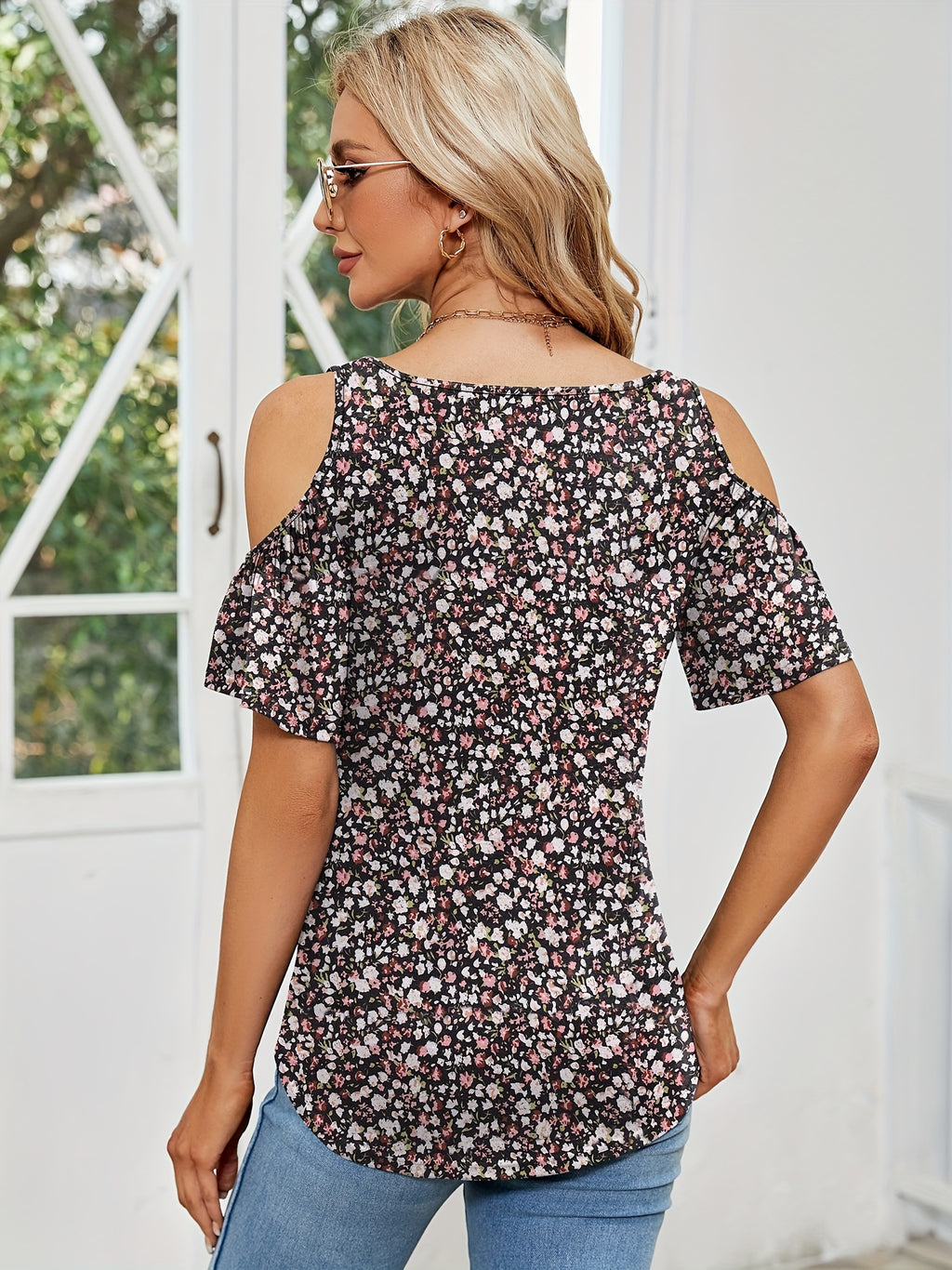 Cold Shoulder Tops for Women Floral Ruched V-Neck Blouse Short Sleeve Summer Tunic Shirt Casual Cute