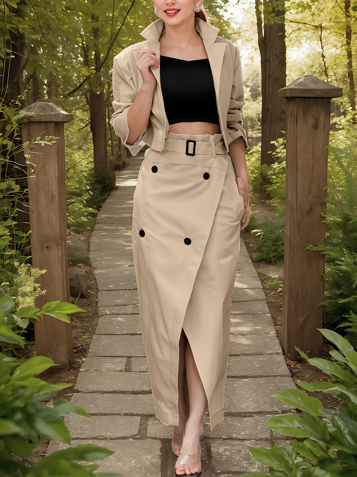 Women Suit Collar Jacket High Waist Skirt Two Piece Set Casual Solid Color Long Sleeve Work Outfit with Belt Khaki Apricot