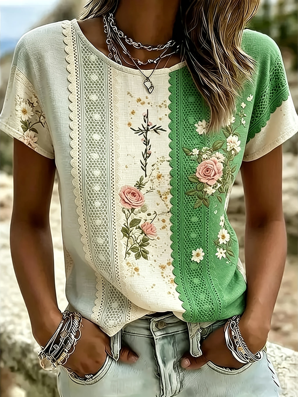 Y2K Geometric Allover Print Boho T-Shirt Women Loose Fit Short Sleeve Round Neck Floral Summer Top Soft Stretch Casual Party Daily Wear S-XXL