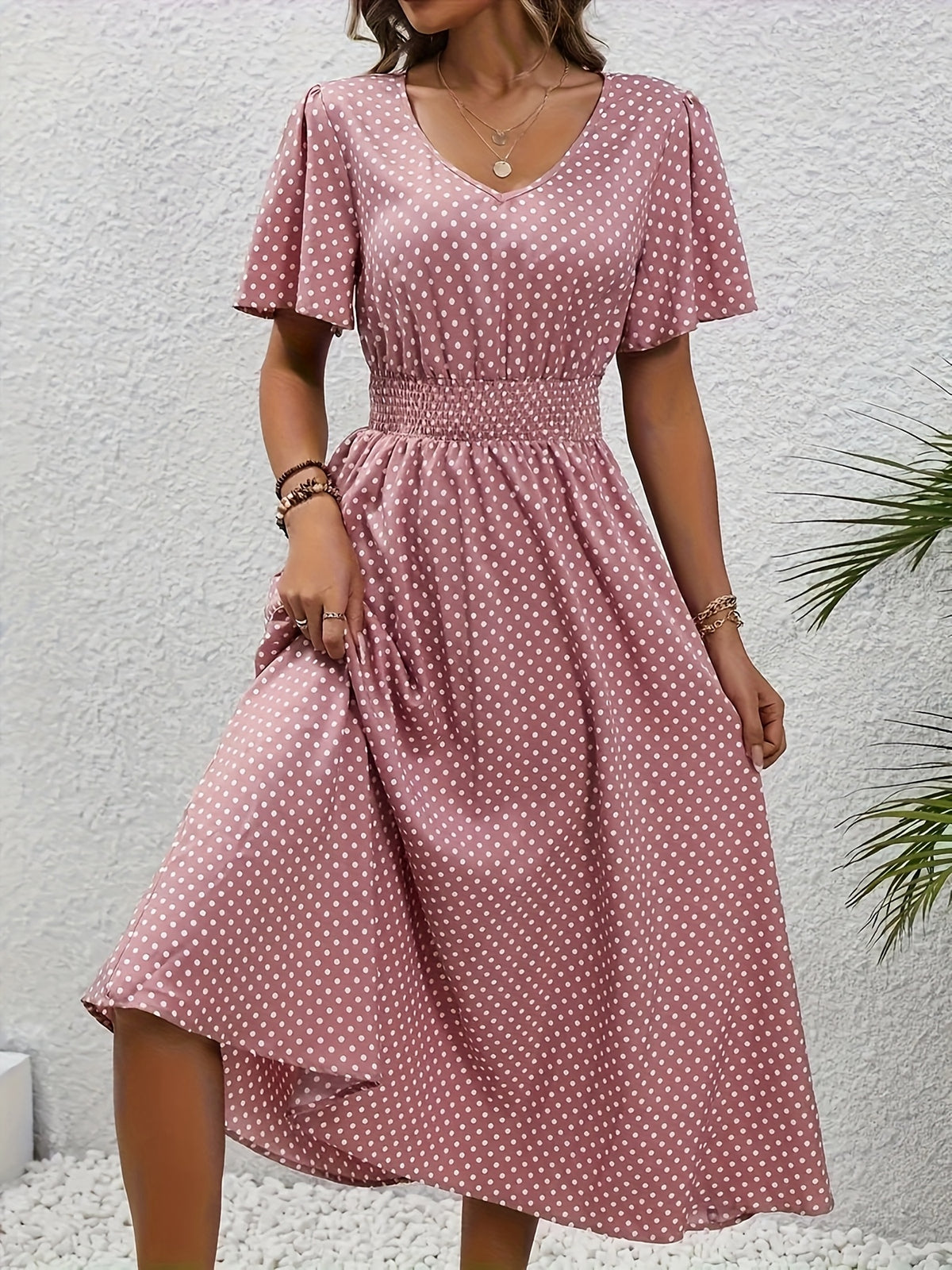 Polka Dot Swing Dress Women V-Neck Ruffled Sleeve Casual Long Dress Waist Enhancing Spring Summer Lightweight Pale Pink Gray Light Blue Green S-XXL