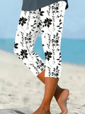 Floral Print Capri Leggings for Women – High Waist Stretchy Black Gray Flower Design, 95% Polyester Smooth Knit, Beach Casual All-Season, Sizes S-XXL