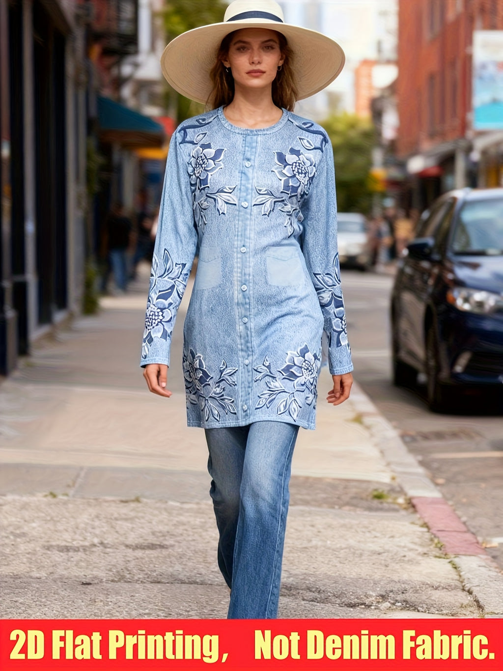 Denim Print Slit Dress Women Casual Elegant Midi Dress Youthful Stretchy Spring Fall Event Dress S-XXL