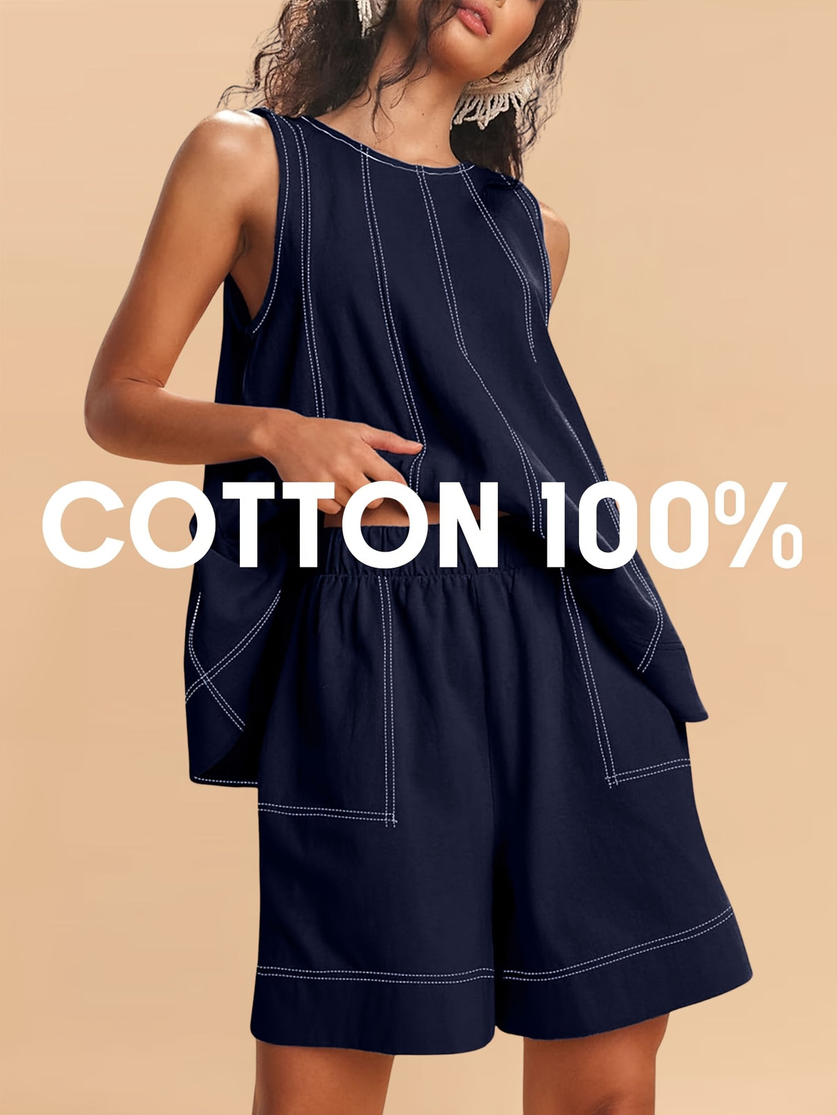 Women's 2-Piece Matching Set Sleeveless Tank Top & High Waist Shorts with Pockets Contrast Stitching