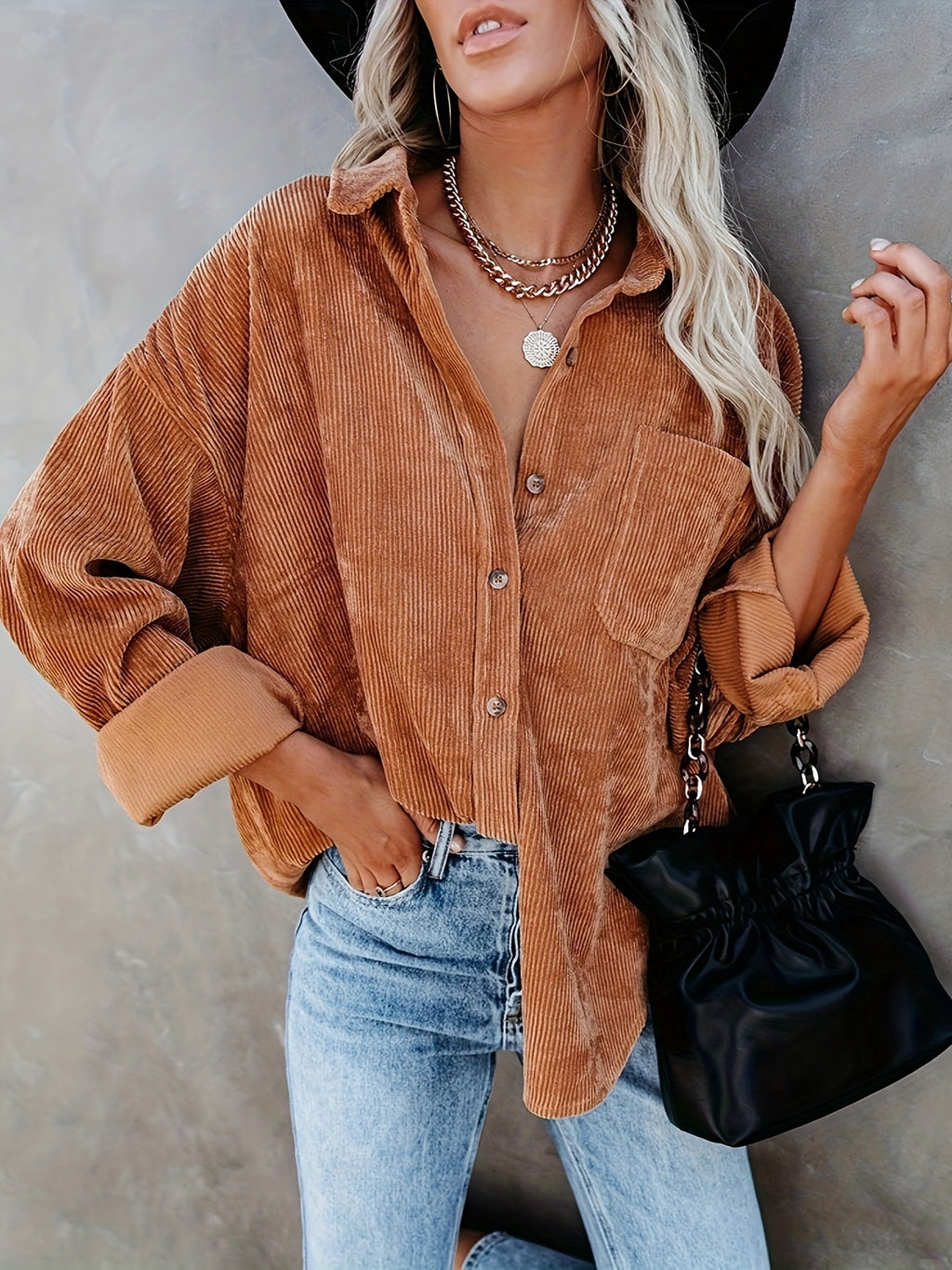 Women's Corduroy Oversized Shacket Long Sleeve Button Up V-Neck Shirt Jacket Loose Blouse with Pockets Fall Winter