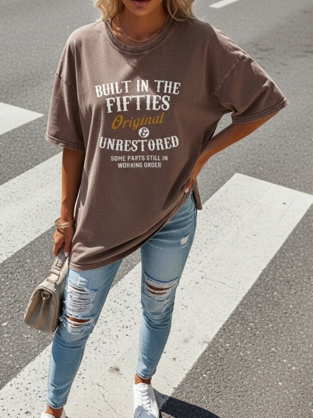 Retro Washed Print Loose T-Shirt for Women - 230g Thick Crew Neck Short Sleeve Street Style Casual Tee Spring Summer Machine Washable