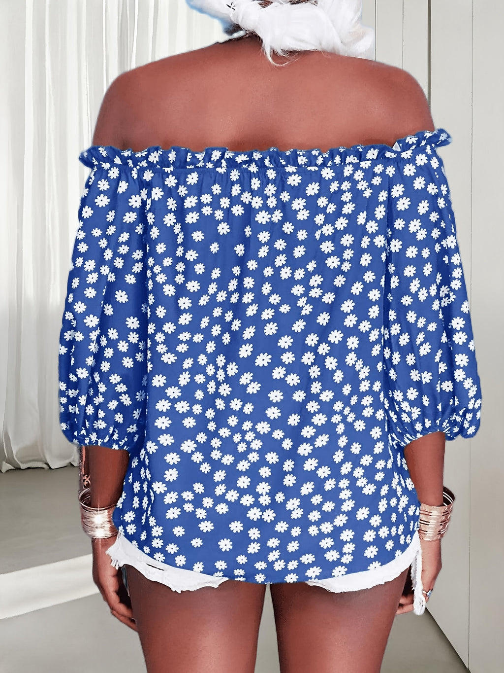 Floral Off Shoulder Chiffon Blouse Women 3/4 Sleeve Casual Summer Top Shirt 10 Colors S-XXL