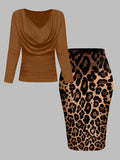 Caramel Brown Top & Leopard Print Skirt Two-Piece Set for Women - Elegant Sexy Waist-Cinching Outfit for Party Formal Events & Everyday Fall Winter Wear