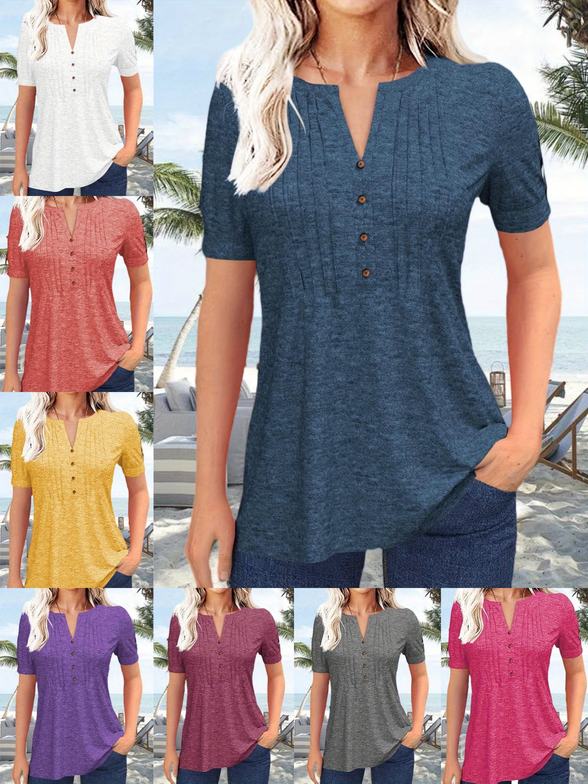 V-Neck Pleated Blouse Women Short Sleeve Button-Up Solid Color Summer Casual Flowy Top S-XL