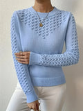 Crew Neck Pullover Sweater Women Sky Blue Ribbed Long Sleeve Front Pockets Casual Soft Cozy Sweatshirt Knit Top XS-L