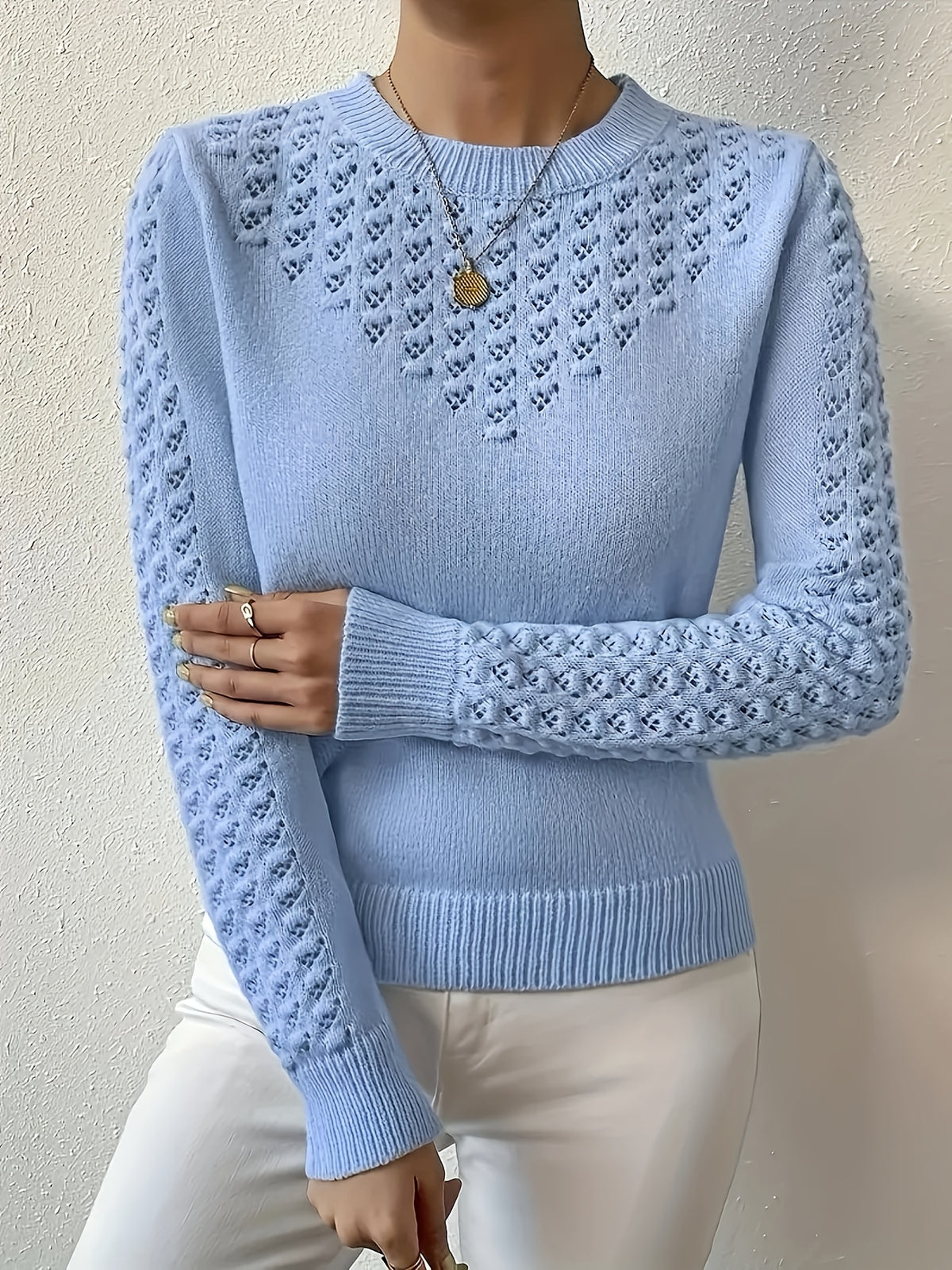 Crew Neck Pullover Sweater Women Sky Blue Ribbed Long Sleeve Front Pockets Casual Soft Cozy Sweatshirt Knit Top XS-L