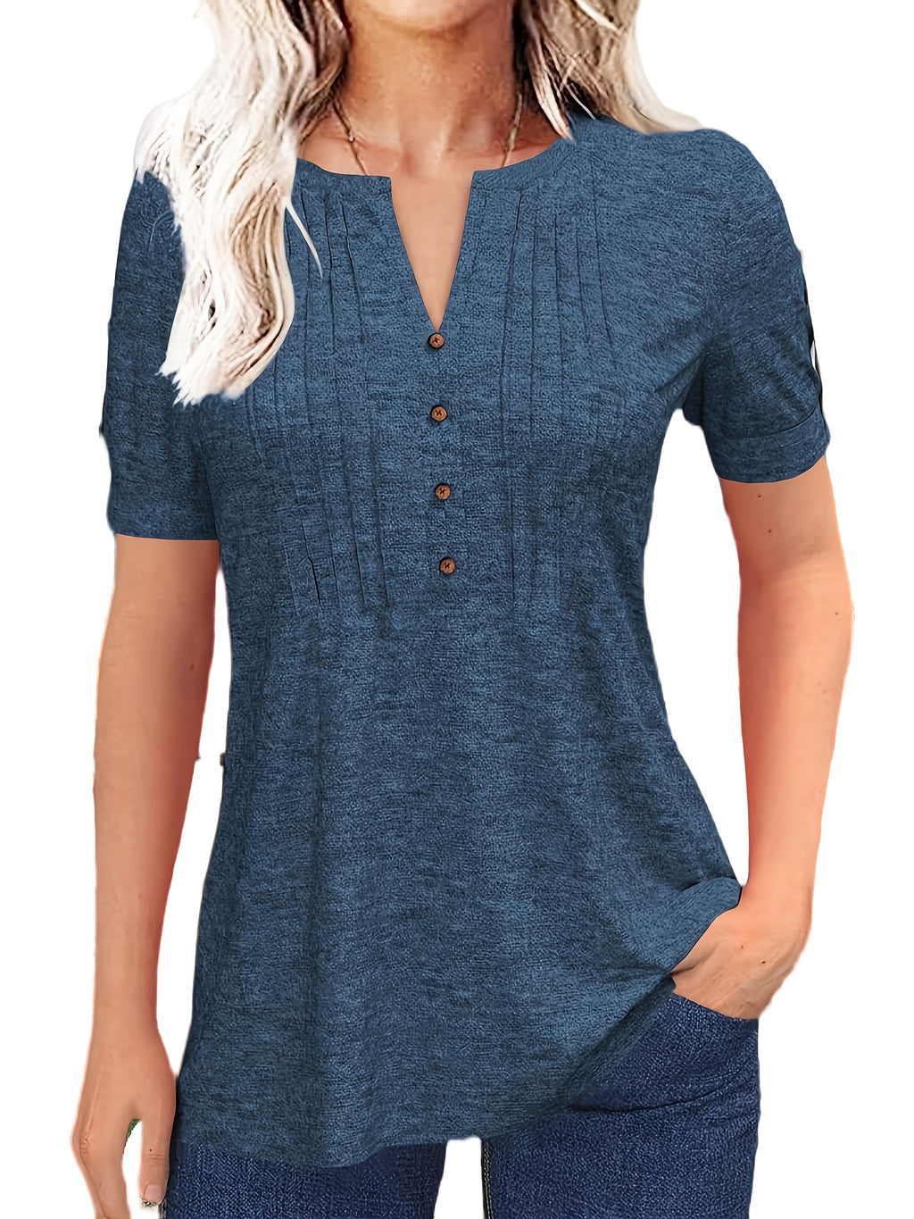 Pleated V-Neck T-Shirt Women Solid Color Short Sleeve Button-Up Casual Summer Top 60% Polyester Viscose Micro-Elastic Smooth Knit Tunic Versatile Daily Wear S-XXL