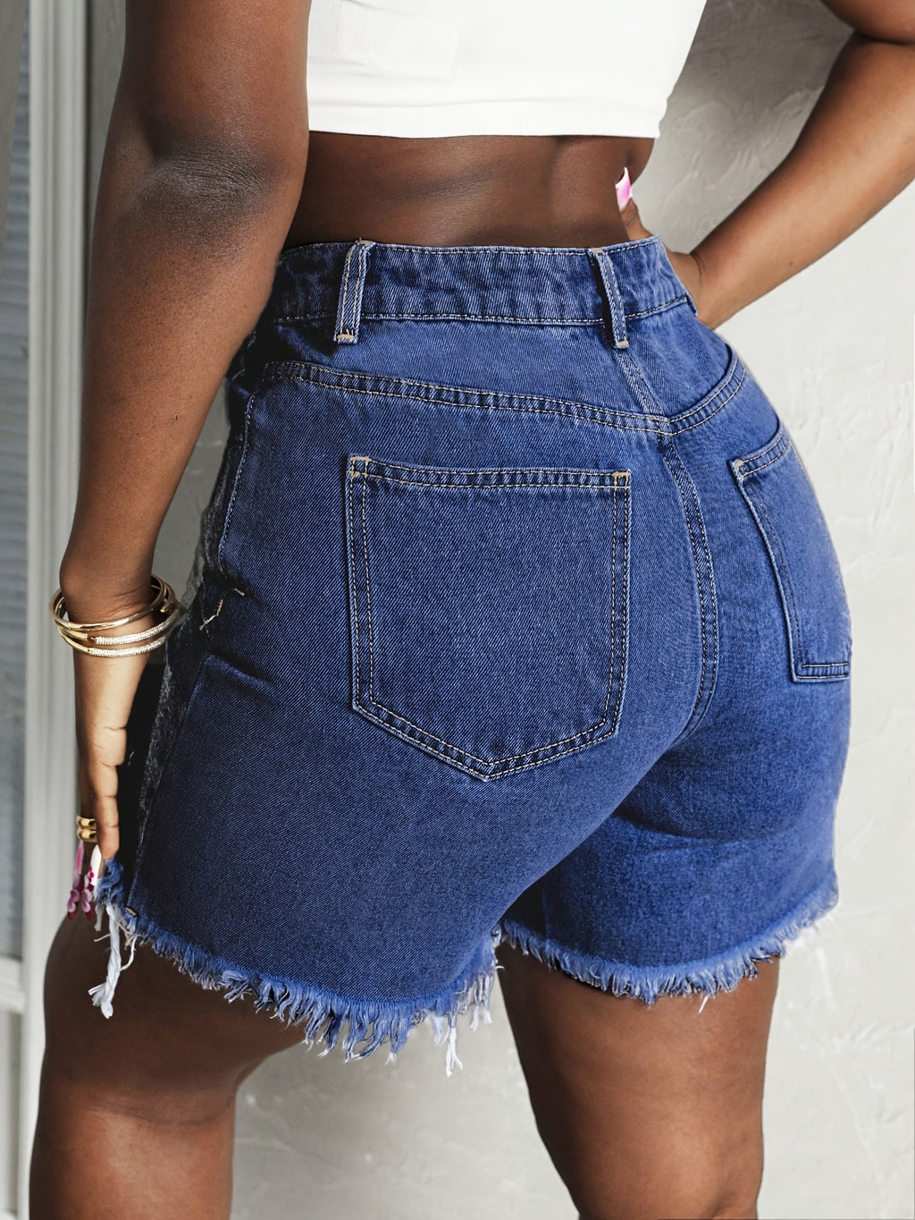 High Waist Ripped Denim Shorts Women Fringe Hem Stretchy Distressed Dark Blue Zipper Fly Five Pockets Slim Fit Summer Party Beach XL