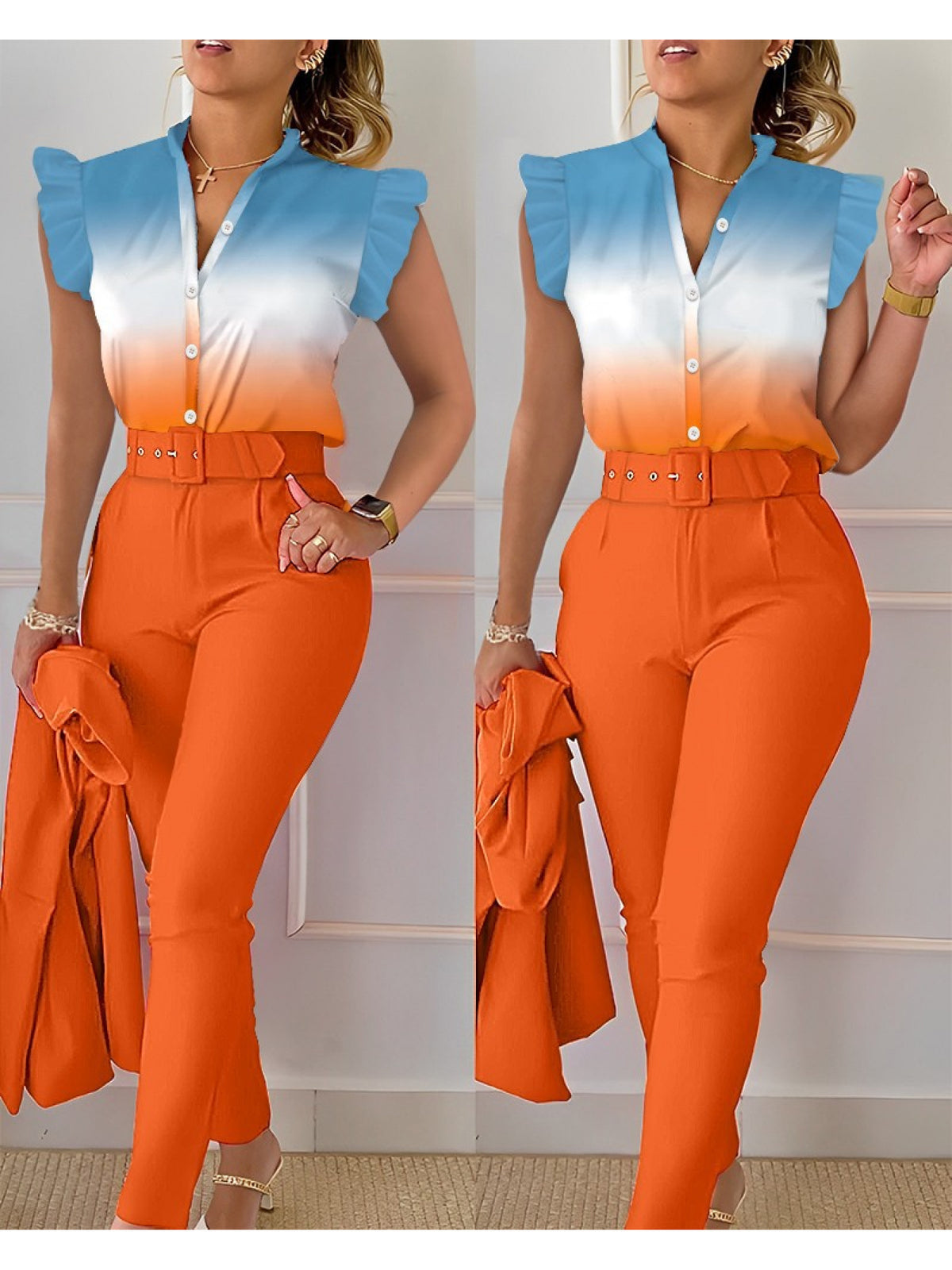 Printed Lotus Leaf Ruffle Sleeve Top Pants 2 Piece Set Women Belt Leopard Camo Print Spring Summer Outfit S-XXL