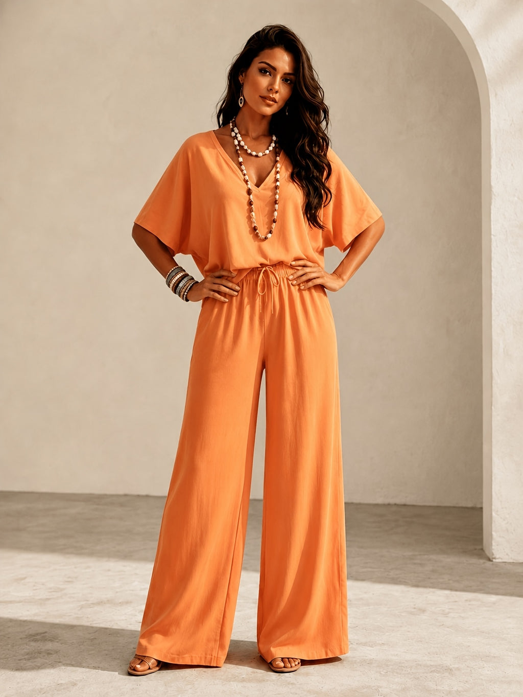 Women's 2-Piece Pants Set Double V-Neck Batwing Sleeve Top & High Waist Wide-Leg Pants Bohemian Vacation