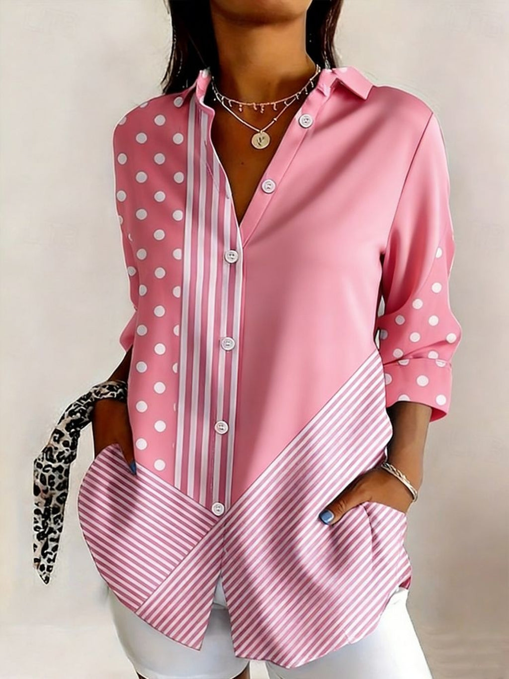 Polka Dot Buttoned Shirt Women Long Sleeve Elegant Pink White Casual Top XXS-XXL