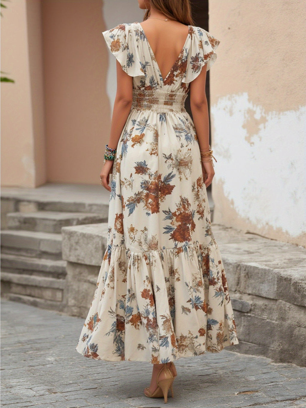 Floral Maxi Dress for Women Smocked Waist V-Neck Flutter Sleeve Bohemian Vacation Style Spring Summer 100% Polyester Woven Long Dress