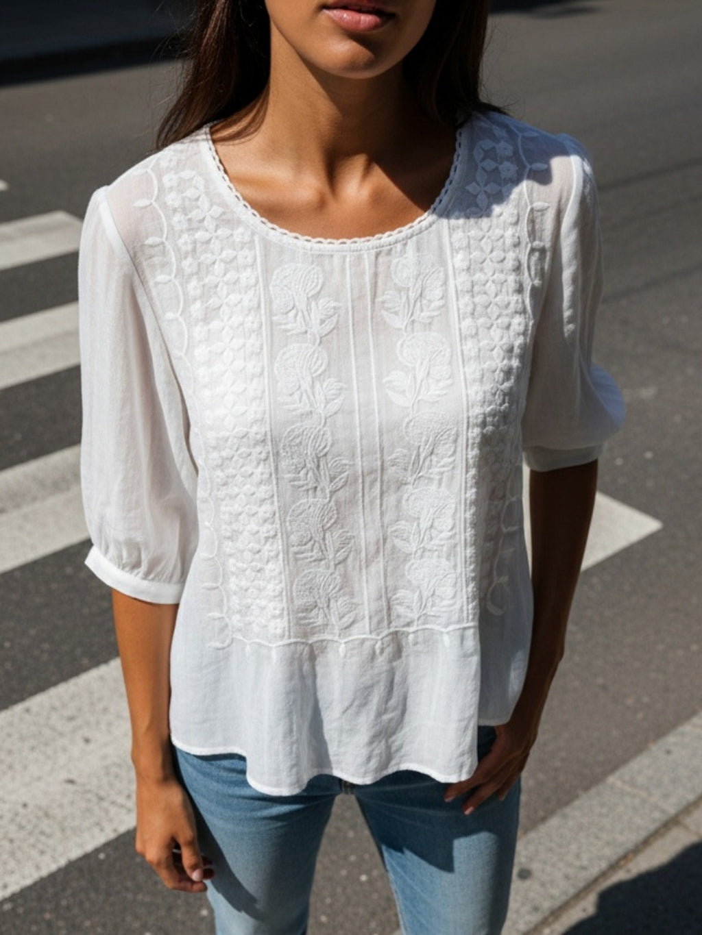 Boho Floral Embroidered Blouse Women V-Neck 3/4 Sleeve Loose Cotton Top Casual Applique All-Season Stretch Shirt S-XXL