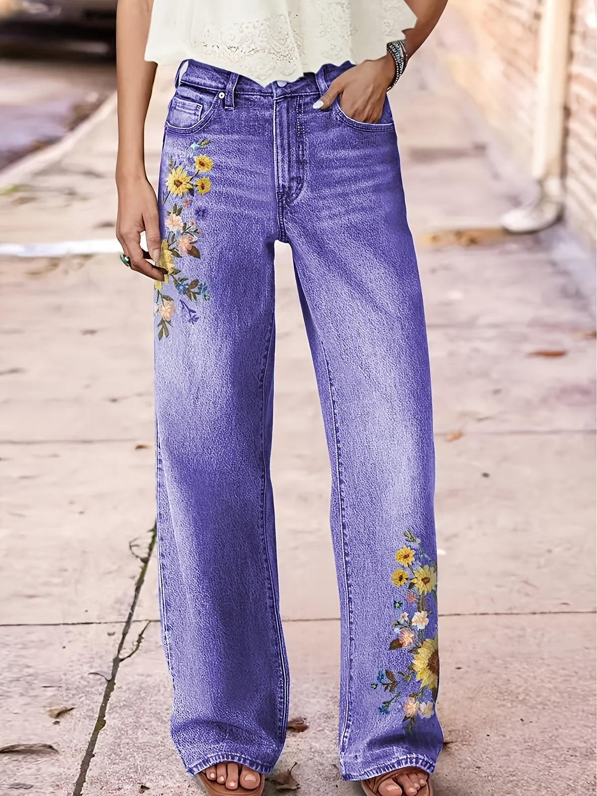 Women's High-Waisted Washed Embroidered Straight Leg Jeans Stretch Beltless Light Blue Purple All Season