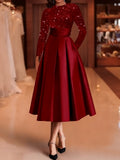 Burgundy Sequin A-Line Midi Dress for Women Long Sleeve Cinched Waist Formal Evening Gown Sparkling Prom Gala Winter Party Wedding Guest Dress