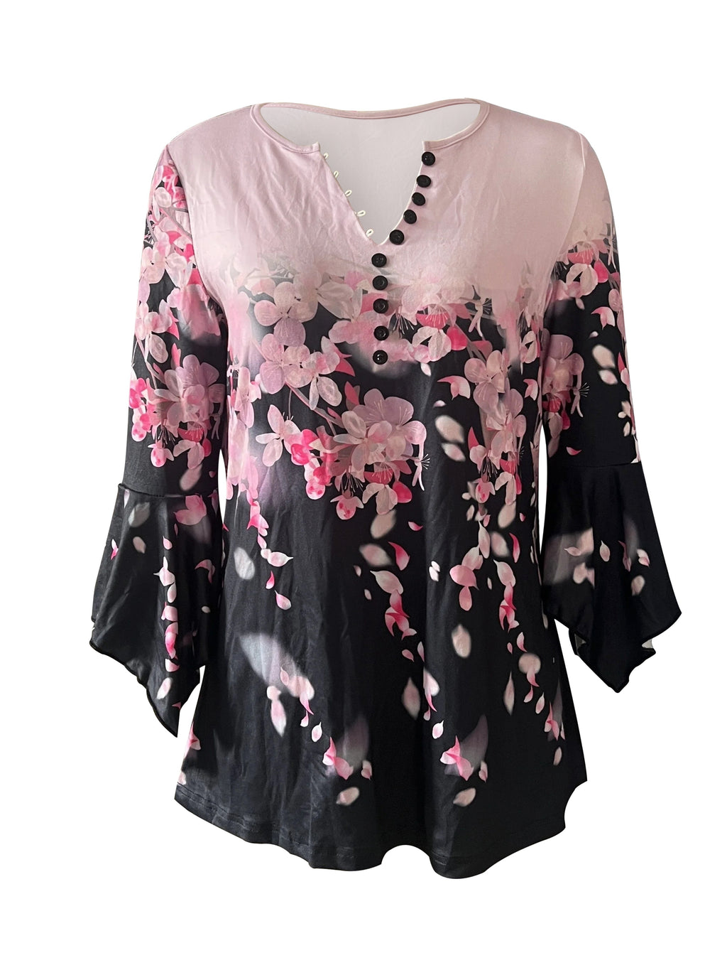 All-Over Print V-Neck Button Top Women Irregular Three Quarter Sleeve Stretchy Knit Casual Blouse Spring Fall S-XXL