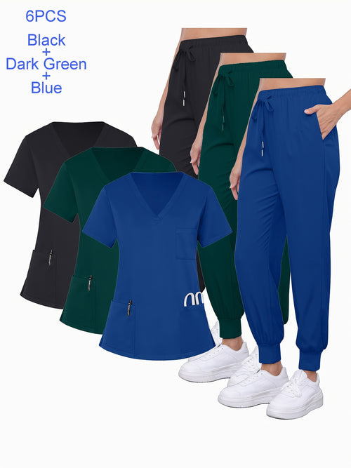 6pcs Women V-Neck Scrubs Uniform Set Matte Breathable Pocket Work Clothes Jogger Pants Workwear S-XXL