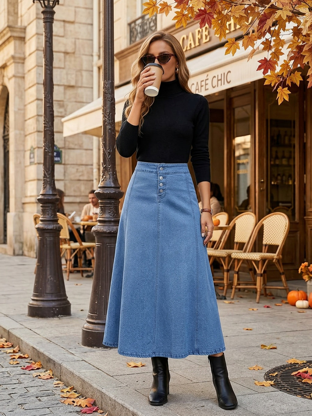 Stretch Denim A-Line Flare Skirt Women Wide Swing Button Detail Machine Washable Medium Blue Casual Formal Spring Summer Fall M-XL
