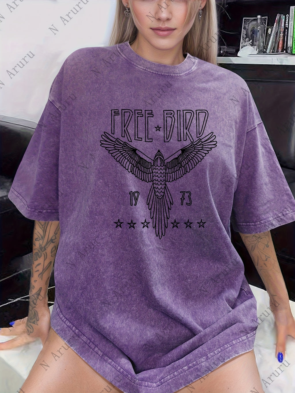 Women's Free Bird Graphic T-Shirt Washed Retro Round Neck Short Sleeve Thick 230g Street Style Casual Tee