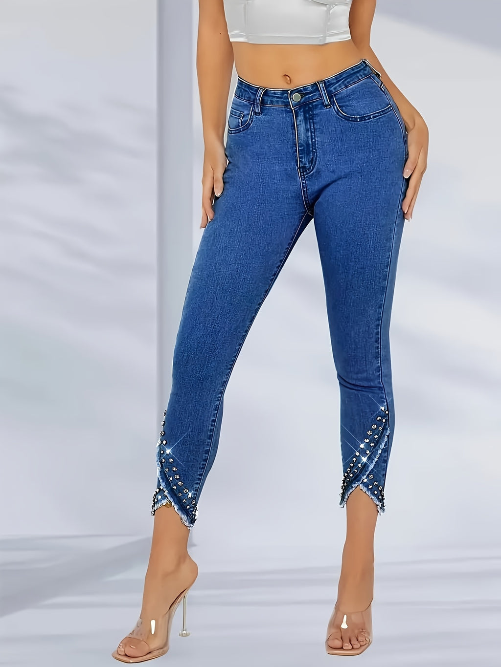 Women's Rhinestone High-Waisted Straight-Leg Jeans Fitted Denim Pants Medium Blue S-XXL