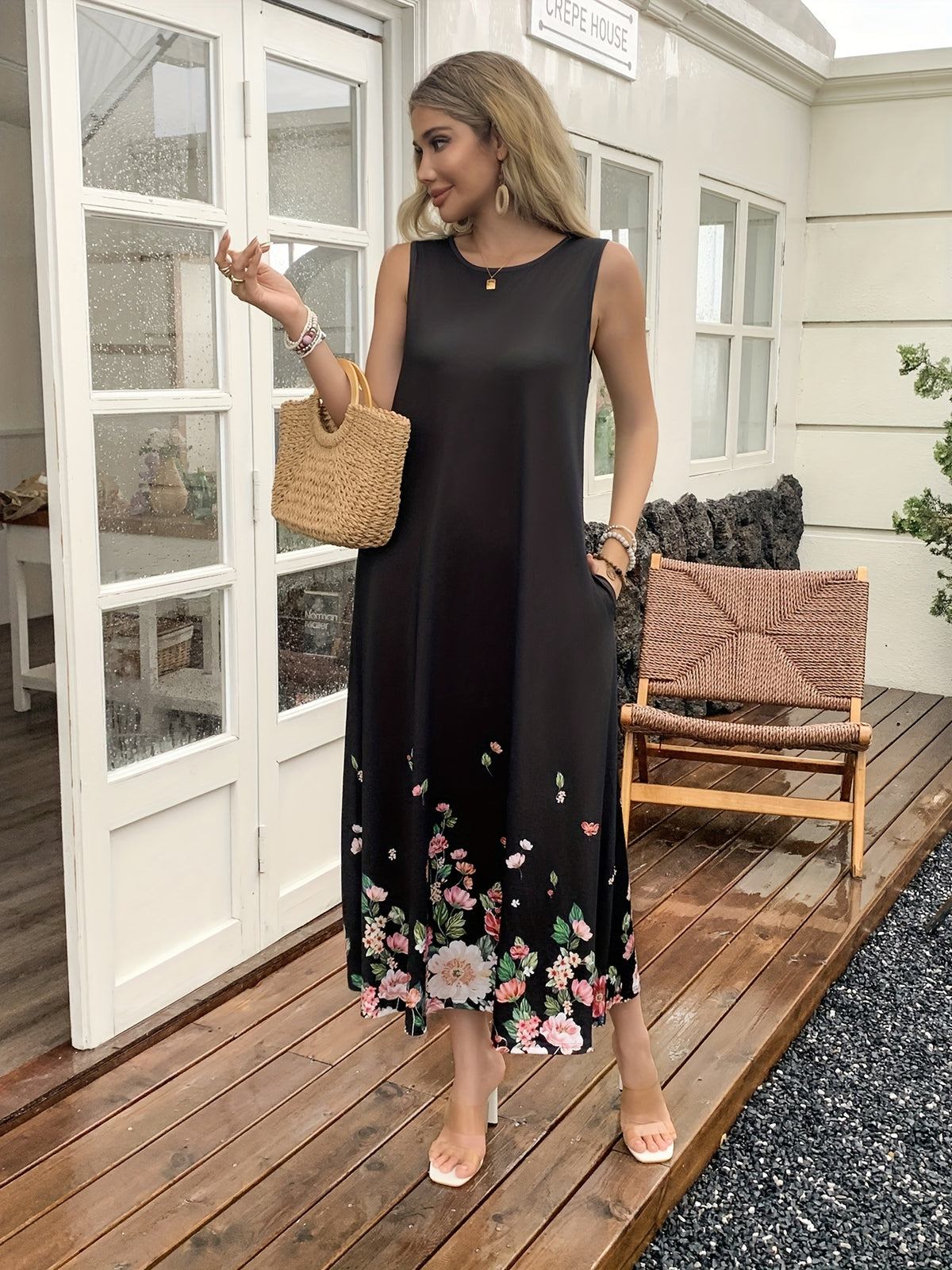 Floral Print Spaghetti Strap Dress Women Pocket Sleeveless Digital Print Midi Dress Casual Elegant Evening Holiday Dress S-XXL