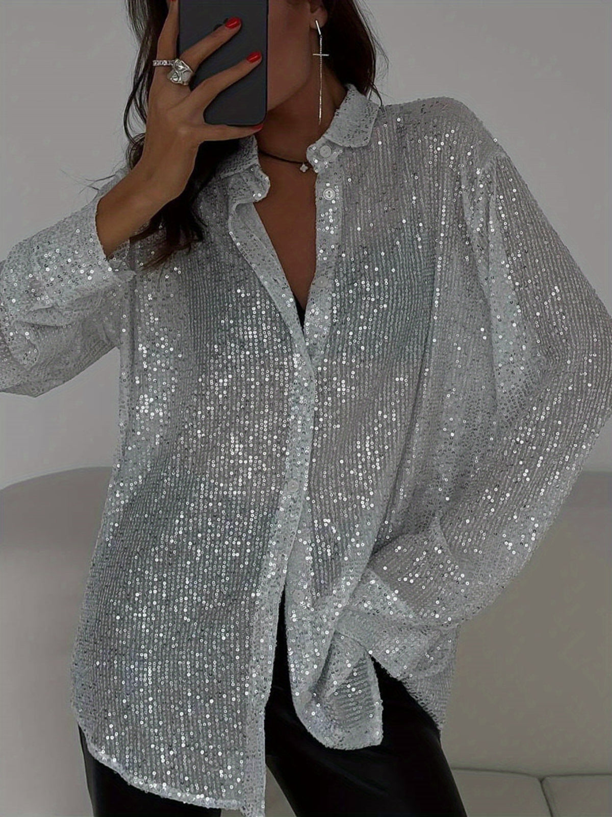 Rhinestone Cardigan Women Long Sleeve Lapel Collar Shimmering Diamond Stripe Open Front Cardigan Black White S-XXL
