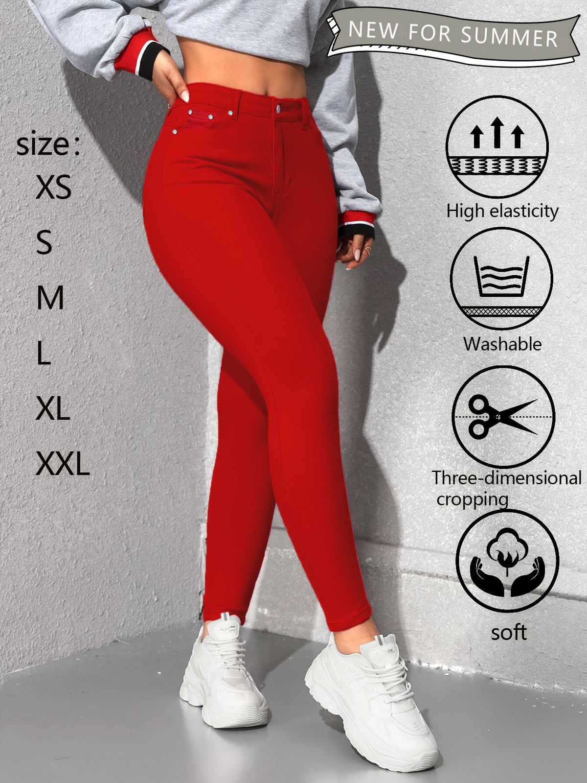 Red High Waisted Skinny Jeans for Women – Rivet Detail Stretch Denim, Tummy Control Booty Lifting Slim Fit, Sizes S-XXL