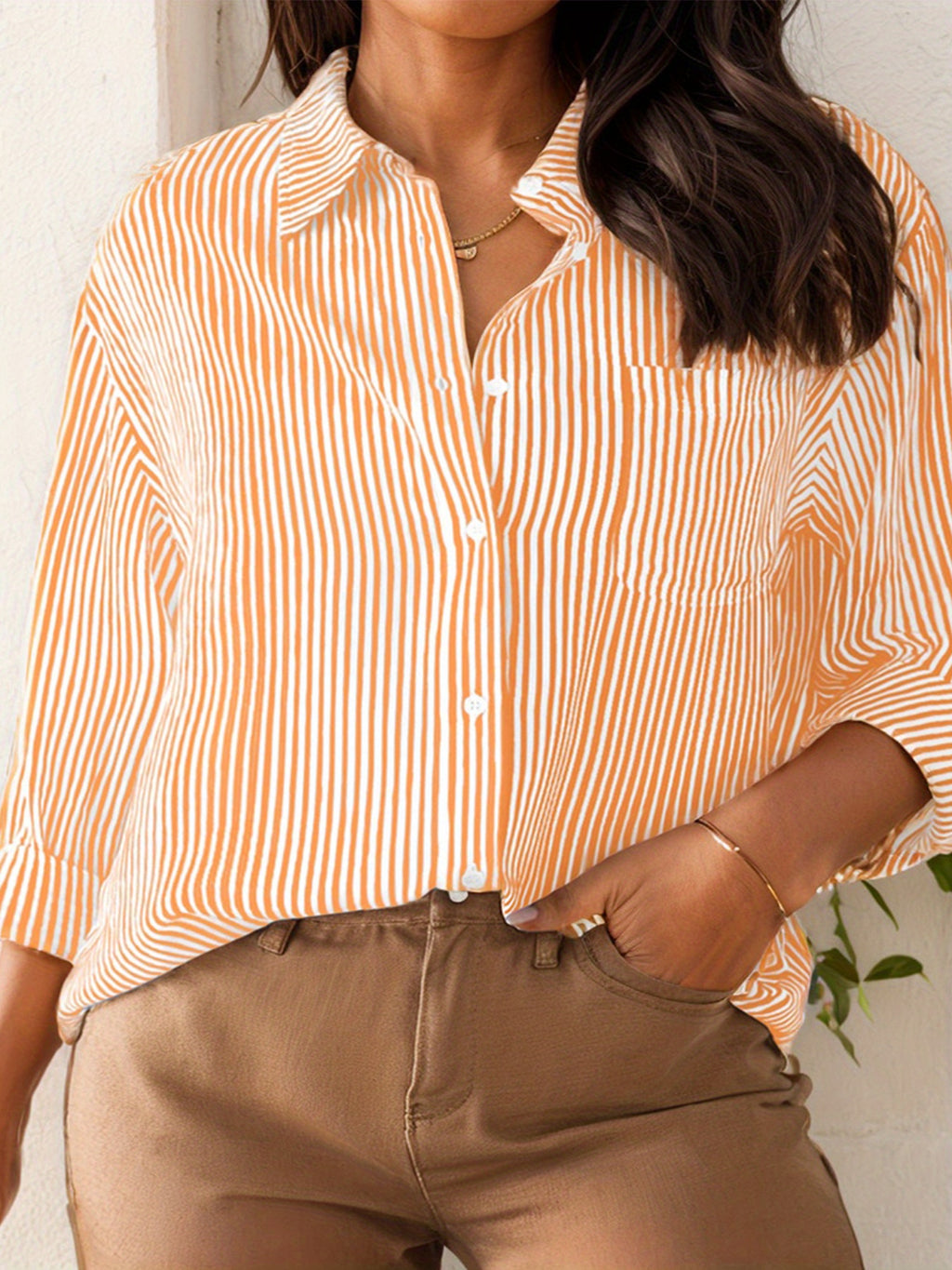 Striped Lapel Shirt Women Long Sleeve Multi-Color Office Work Blouse Chest Pocket Smart Casual Button-Up Professional Top