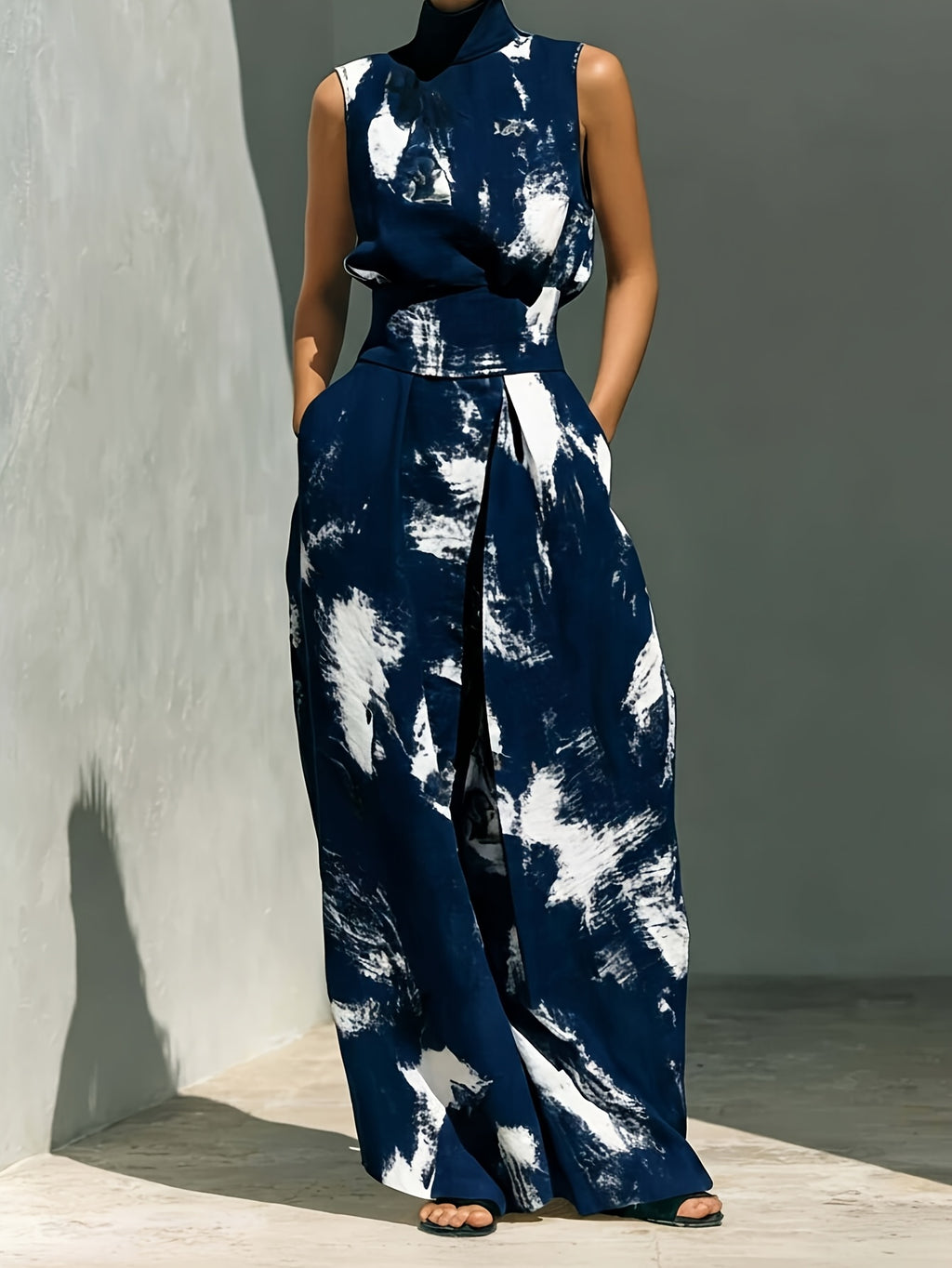 Tie-Dye Print High Neck Sleeveless Top and Wide-Leg Pants 2-Piece Set Street Style Casual S-XXL