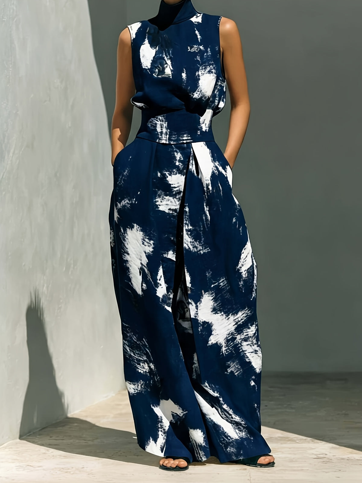Tie-Dye Print High Neck Sleeveless Top and Wide-Leg Pants 2-Piece Set Street Style Casual S-XXL