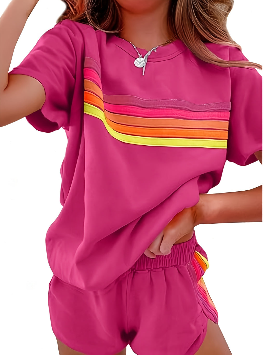 Color Block Shorts 2 Piece Set Women Chic Matching Outfit Top & Shorts White Blue Pink Brown Casual Summer