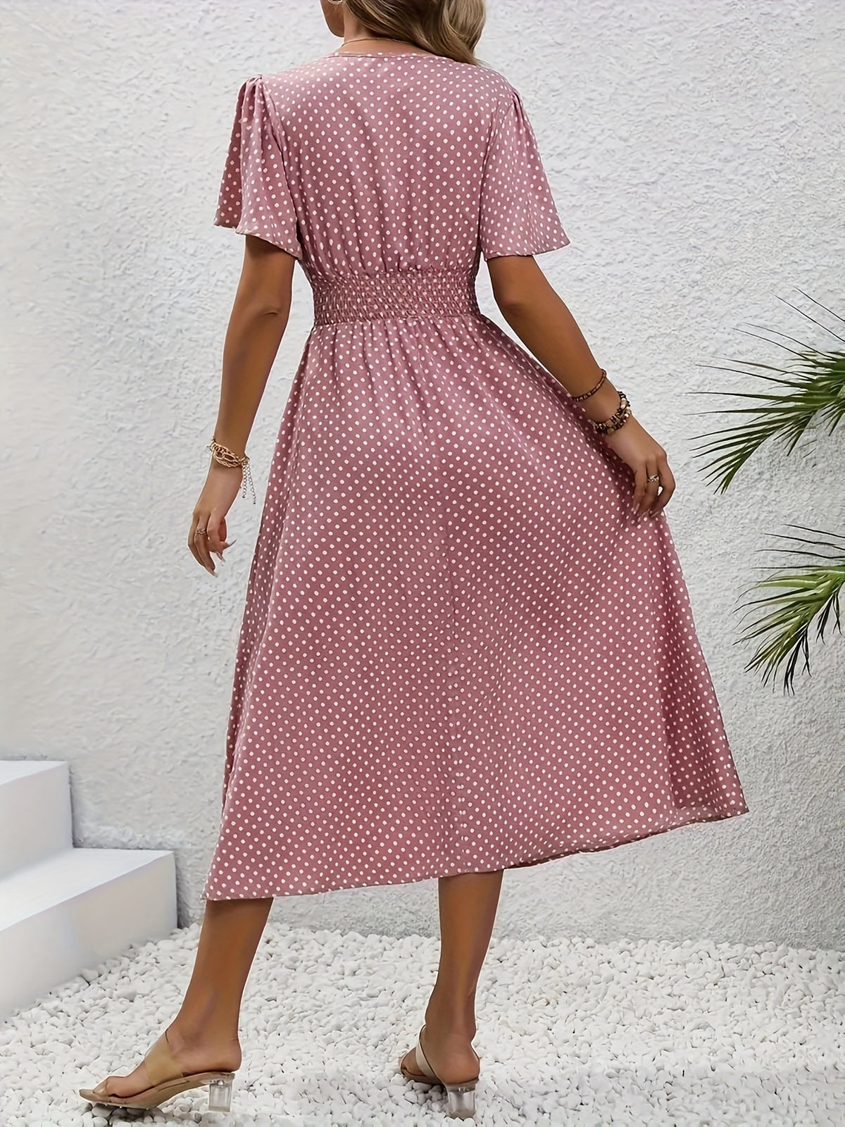 Polka Dot Swing Dress Women V-Neck Ruffled Sleeve Casual Long Dress Waist Enhancing Spring Summer Lightweight Pale Pink Gray Light Blue Green S-XXL