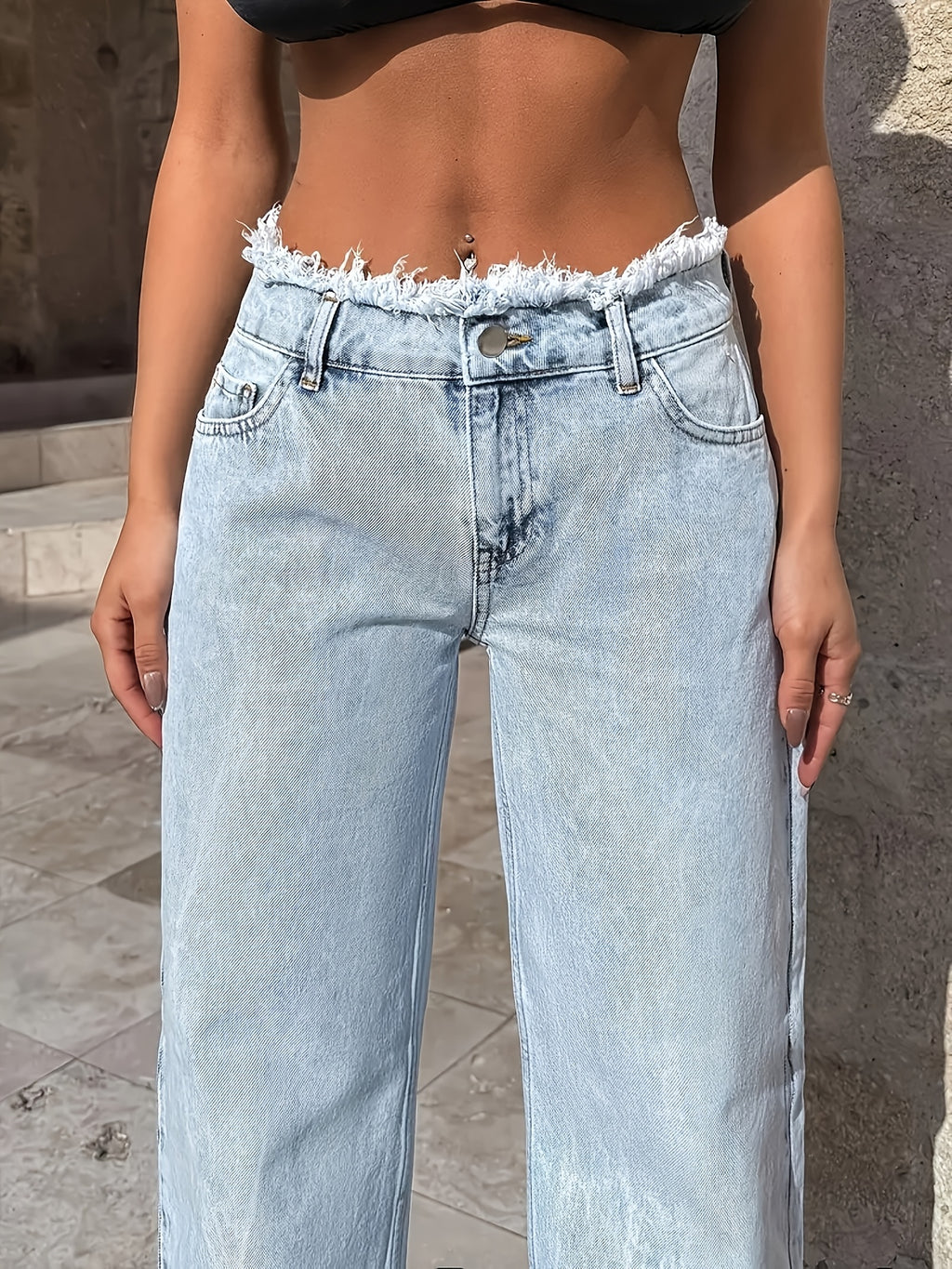 Wide Leg Jeans Women Light Blue Frayed Hem Loose Fit Denim Pants Casual Chic Street Style Spring Summer Fall S-XXL