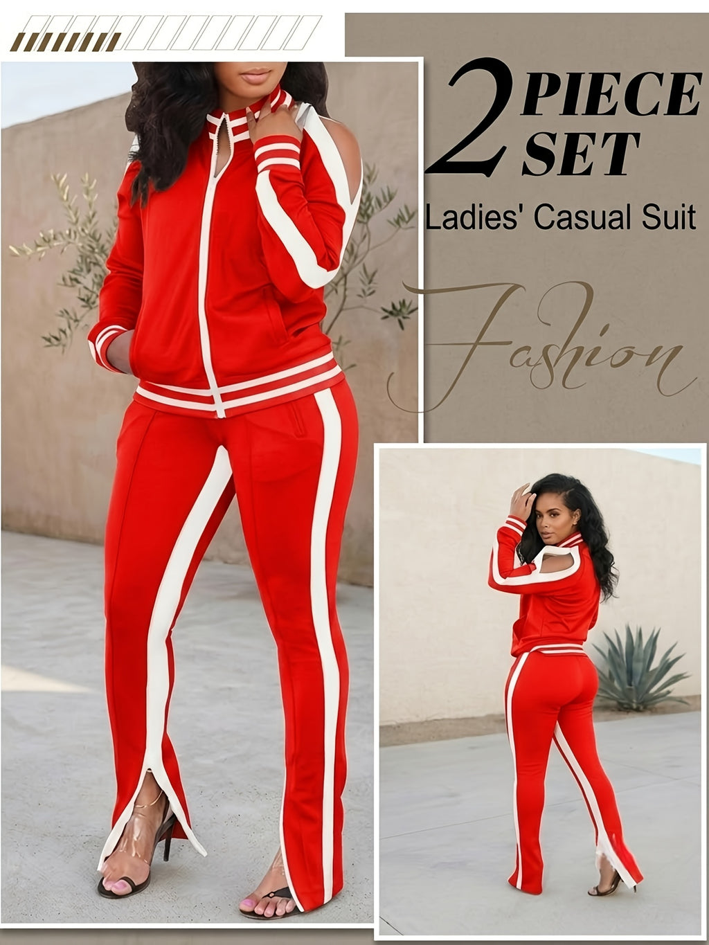 Color Block Off-Shoulder Tracksuit Set for Women – 2-Piece Zip Cuff Sweatshirt & Sweatpants Casual Matching Outfit, Lightweight Breathable Jogger Set