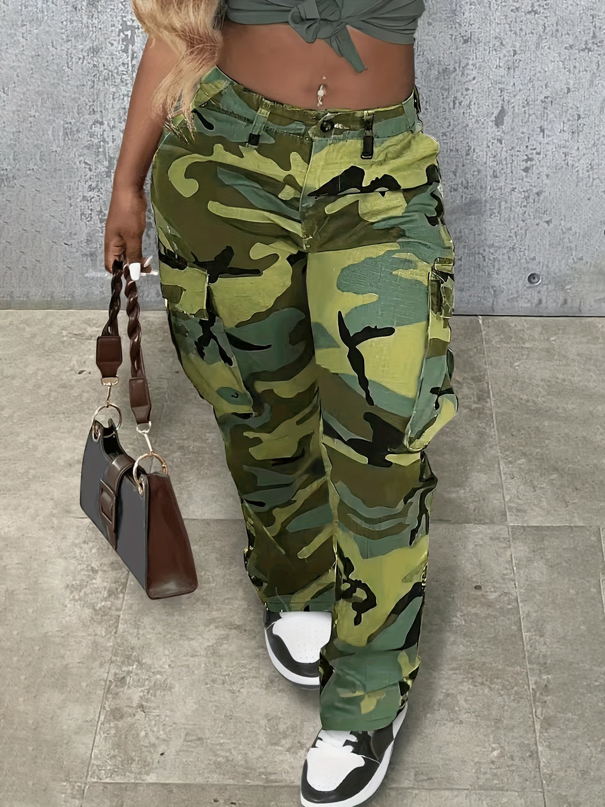 Camo Cargo Pants Women Wide Leg Camouflage Army Fatigue Sweatpants Flap Pockets Streetwear Casual Outdoor