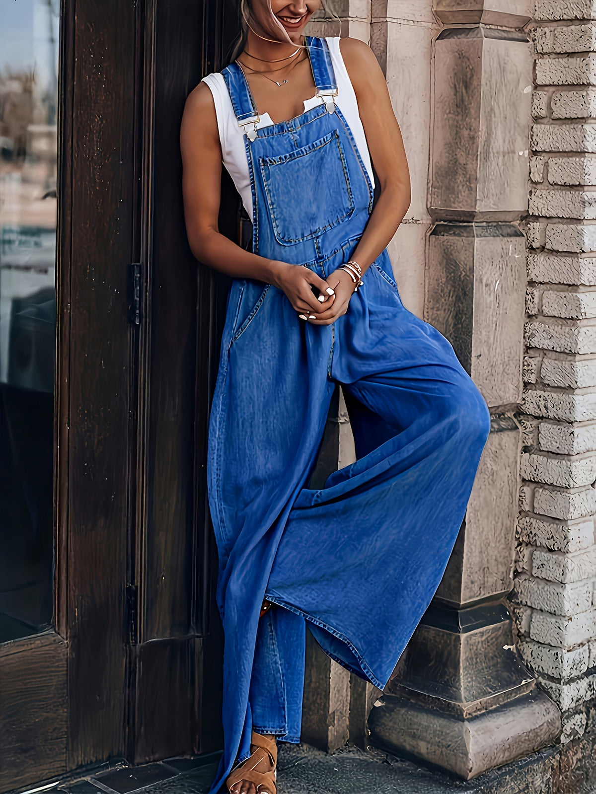Women's Wide-Leg Denim Overall Pants Adjustable Shoulder Straps Large Pockets Loose Casual S-XXL